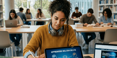 Student studying beside tablet reading “APPRENDERE NELL’ERA DELL’IA” and laptop reading “INTELLIGENZA ARTIFICIALE APPLICATA.”