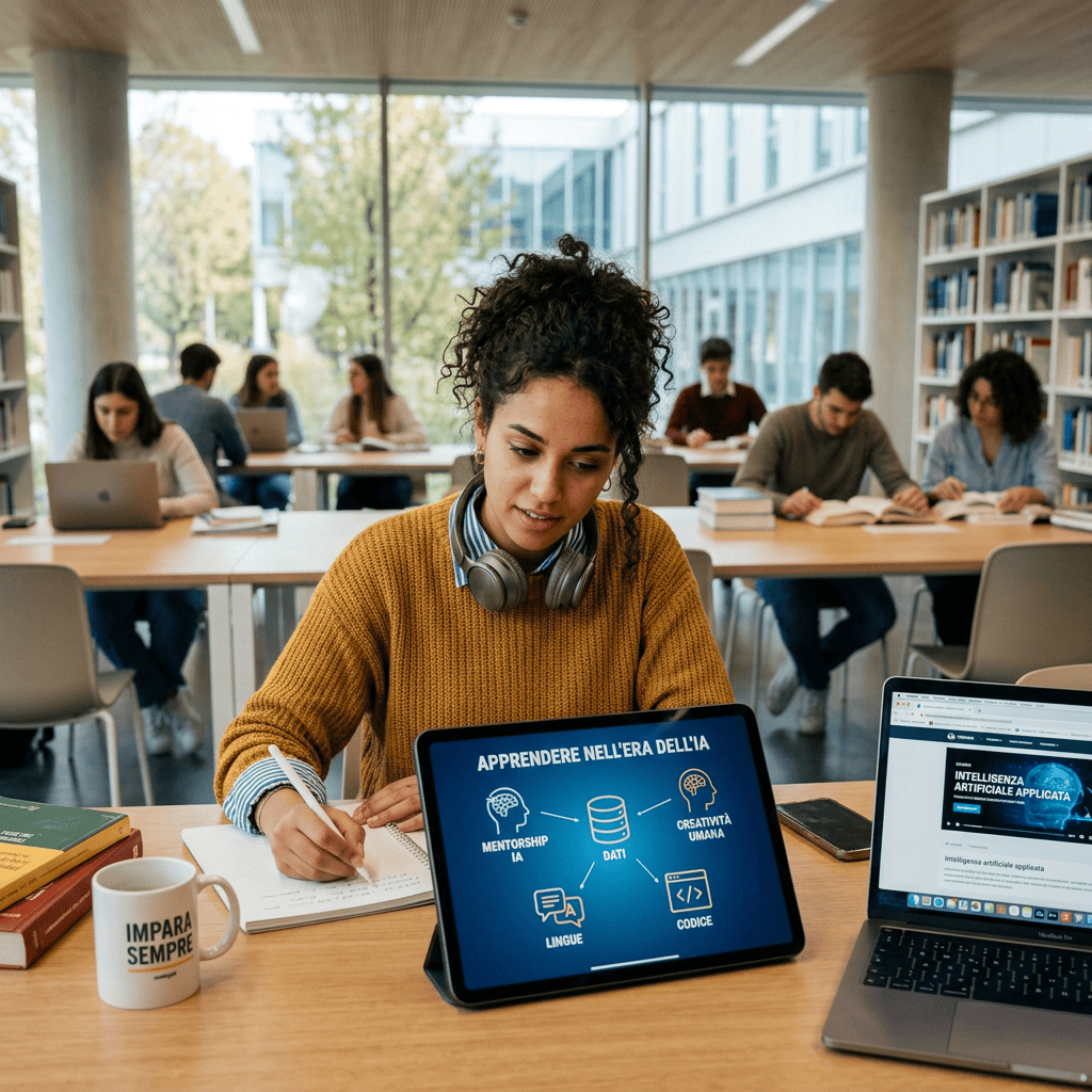 Immagine attuale: Student studying beside tablet reading “APPRENDERE NELL’ERA DELL’IA” and laptop reading “INTELLIGENZA ARTIFICIALE APPLICATA.”