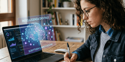 Woman writing beside laptop with text “INTELLIGENZA DIGITALE” and “SCRITTURA E INNOVAZIONE”